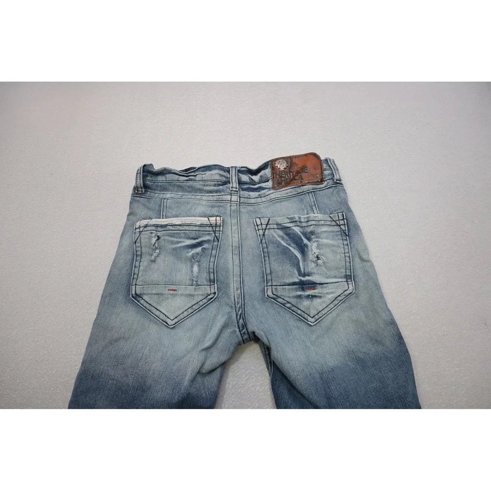 Heritage America Moto Jeans Mens 32x33 Blue Distressed Biker Slim Fit Excellent